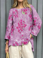 LilyWish Women's Vintage Floral Art Print Casual Cotton And Linen Shirt