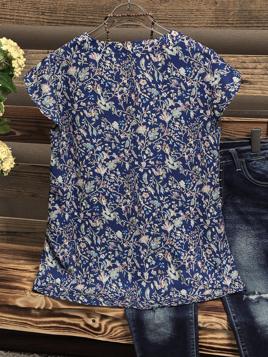 Multi Floral Print V-neck Casual Blouse
