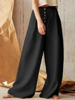 LilyWish Solid Color High Waist Casual Button Cotton Wide Leg Pants