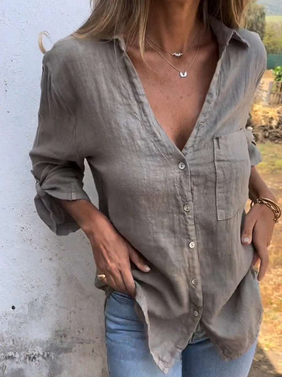 Cotton and Linen 3/4 Sleeve Solid Lapel Shirt