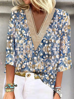 LilyWish Casual V-neck 3/4 Sleeve Random Printed Blouse