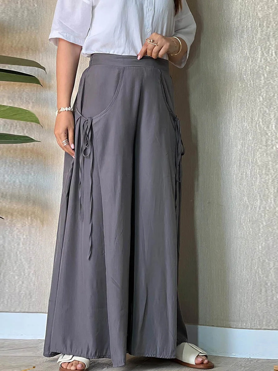 LilyWish Women's Solid High Waist Lace-Up Casual Wide Leg Pants