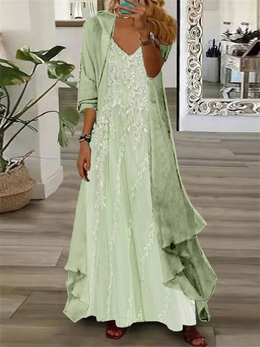 Women's Long Sleeve V-neck Floral Printed Two Pieces Maxi Dress