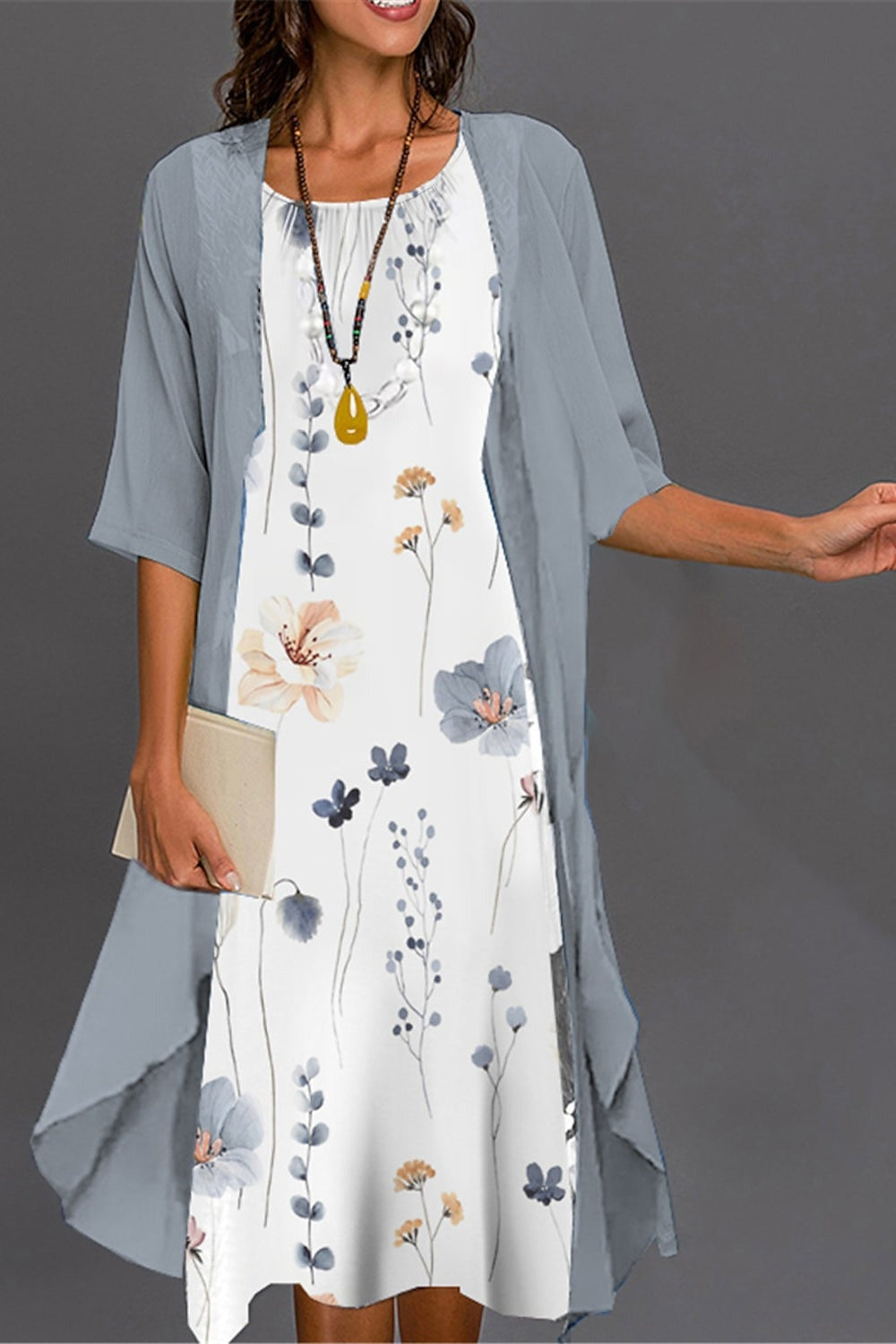 Women's Floral Print Layered Midi Dress with Lightweight Cardigan Two-Piece Set