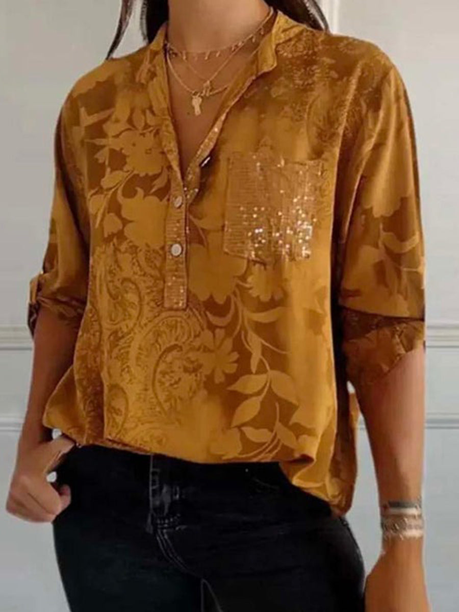 LilyWish Brown Vintage Floral Printed V Neck Blouse