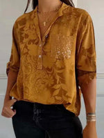 LilyWish Brown Vintage Floral Printed V Neck Blouse