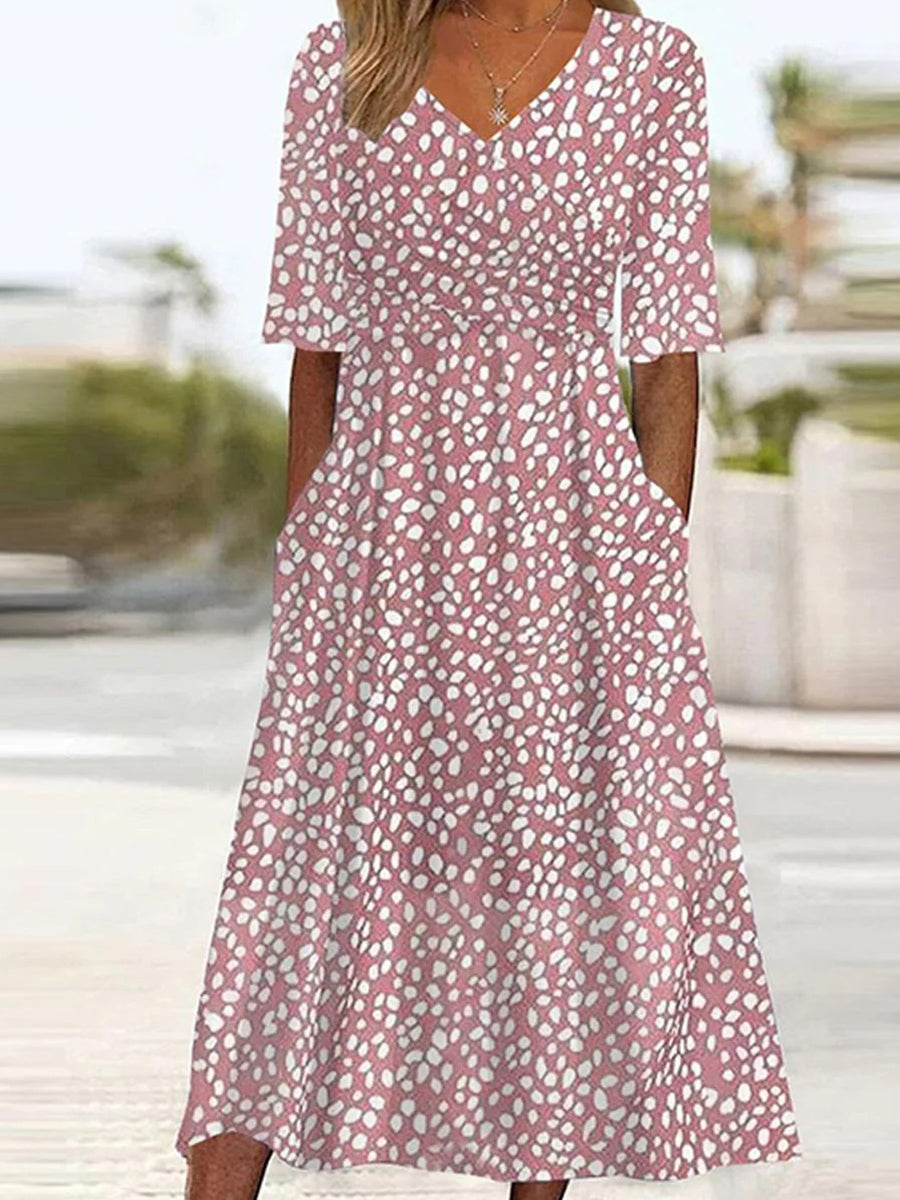 Pink Side Pocket V-neck Short Sleeve Summer Dress