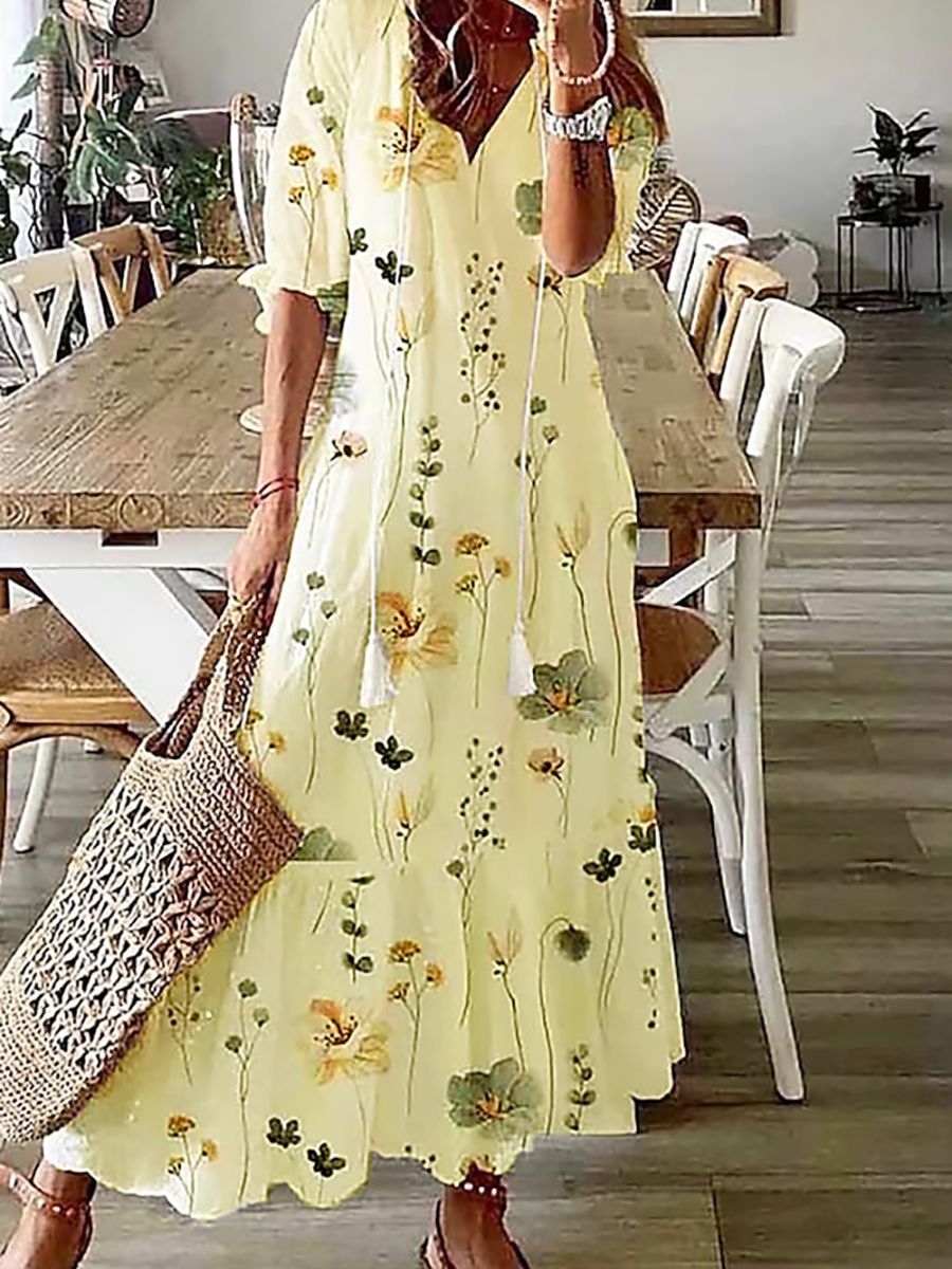 Women¡¯s Floral Print V-Neck Half Sleeve Casual Maxi Dress