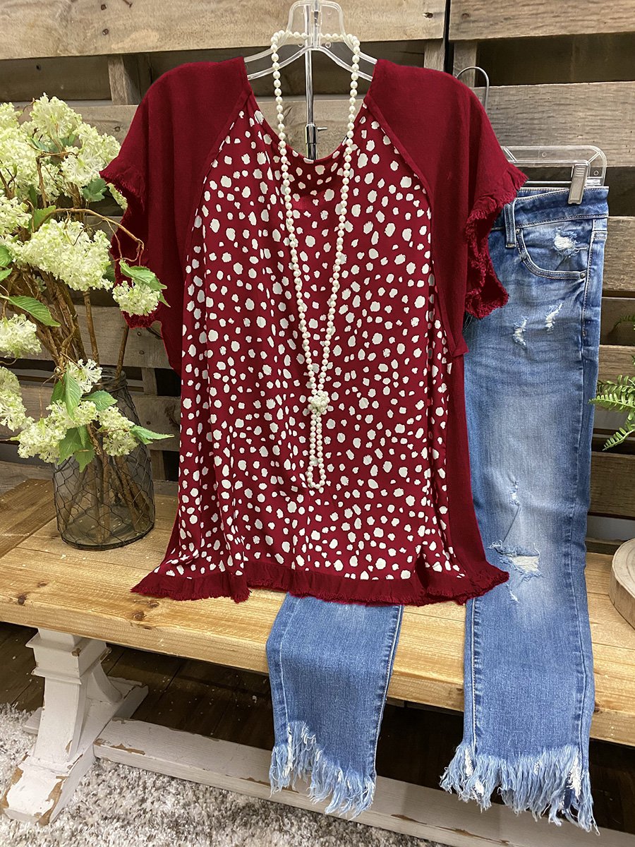 LilyWish Cuffs Frosted Polka Dot Stitching Blouse