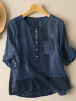 LilyWish Plaid Pattern Pocket Button Crew Neck Blouse