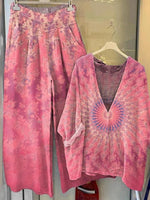 Pink V-Neck Long Sleeve Two Piece Set