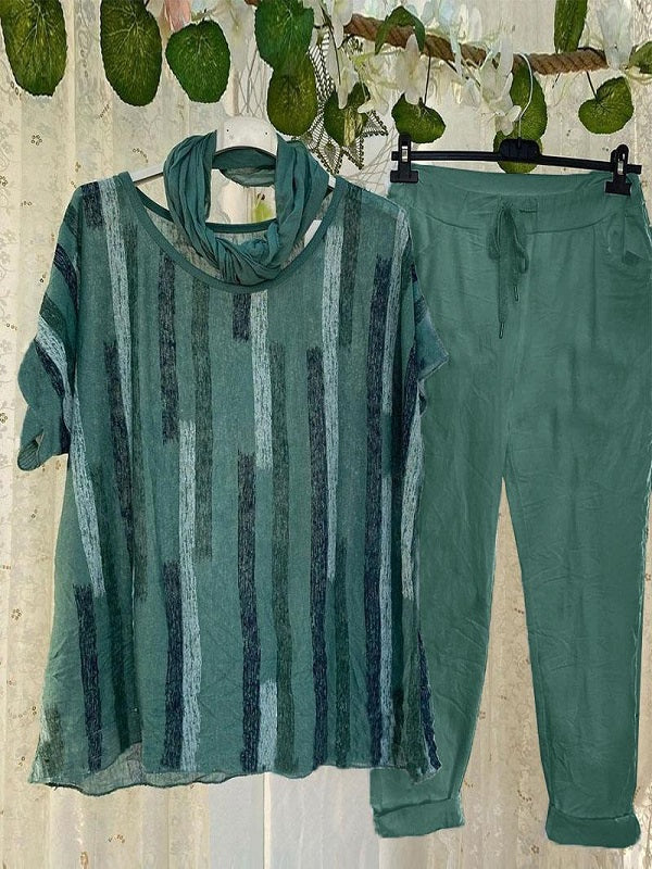 Green Casual Style Geometric Printed Round Neck Short Sleeve Two Piece Suit