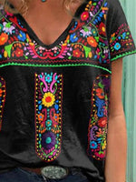 Black Comfy V-neck Short Sleeve Floral Printed Blouse