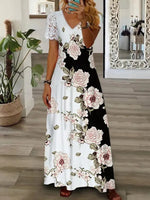 White Casual V Neck Floral Printed Short Sleeve Dresses