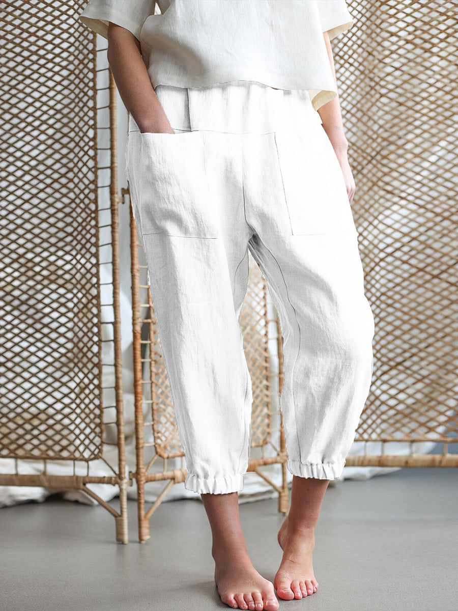 Casual Plain Loose Pocket Cropped Pants