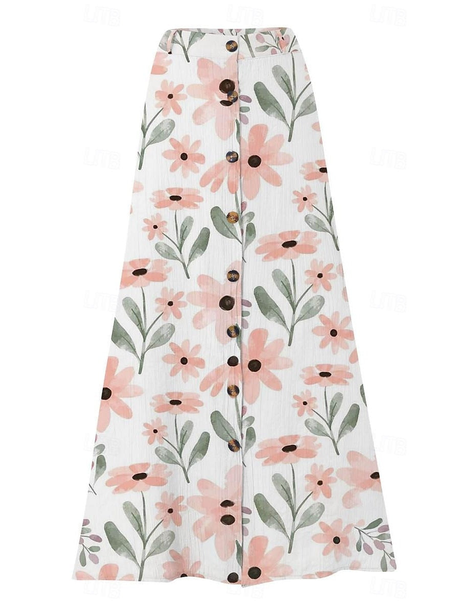 LilyWish Women's Floral Printed Graphic Straight Fashion Split Button Maxi High Waist Skirt