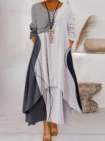 Casual Color Block Crew Neck 3/4 Sleeve Maxi Dress