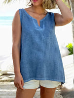 Blue Casual V Neck Solid Sleeveless Tank