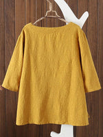 Solid Buttons Casual Round Neck 3/4 Sleeve Blouse