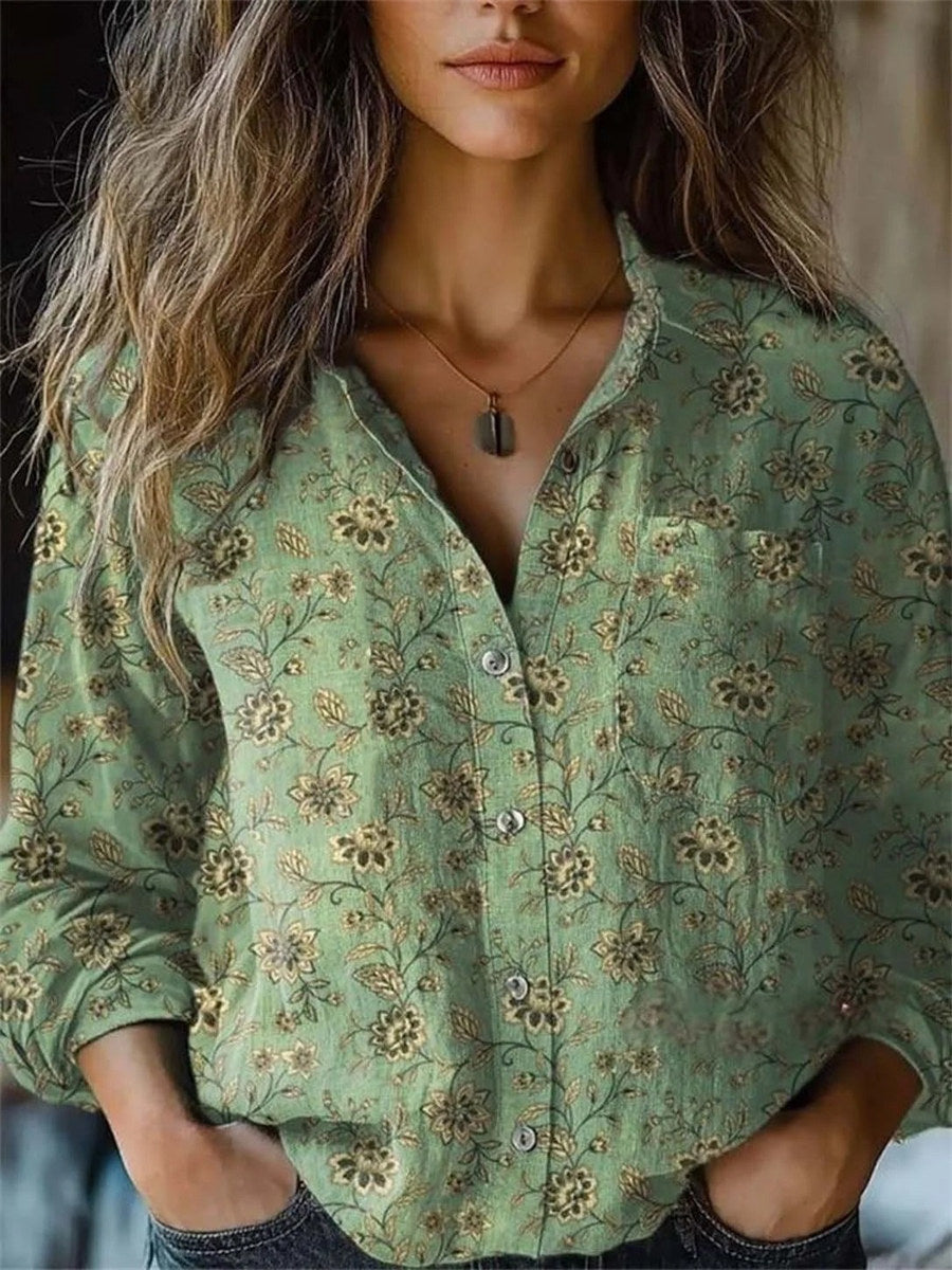 Women's Lapel Long Sleeve Floral Printed Comfy Shirt