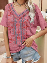 LilyWish Red Casual Graphic Tops V Neck Printed Short Sleeve T-shirt