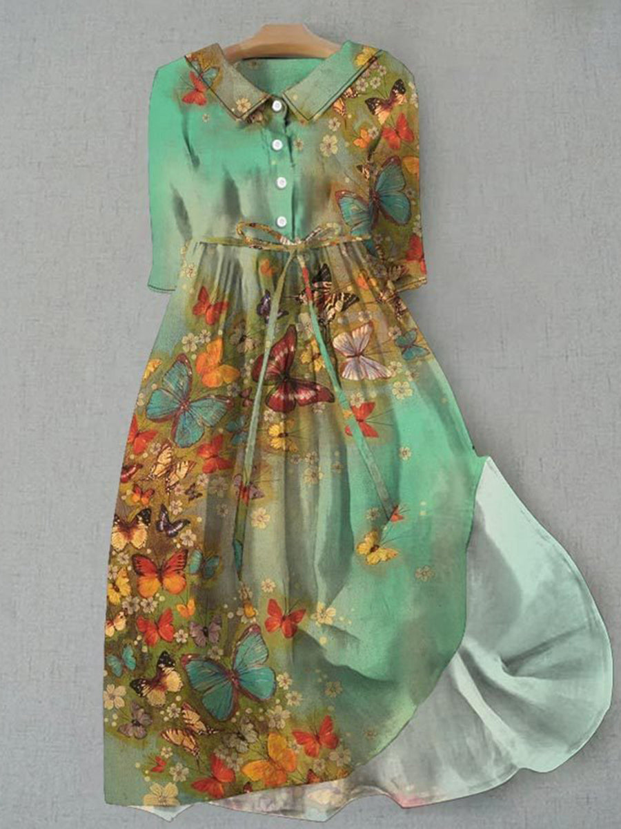 Retro Ombre Butterfly Print Waist Tie-Up Lapel Dress