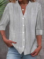 LilyWish Gray Striped Casual Long Sleeve V Neck Blouse