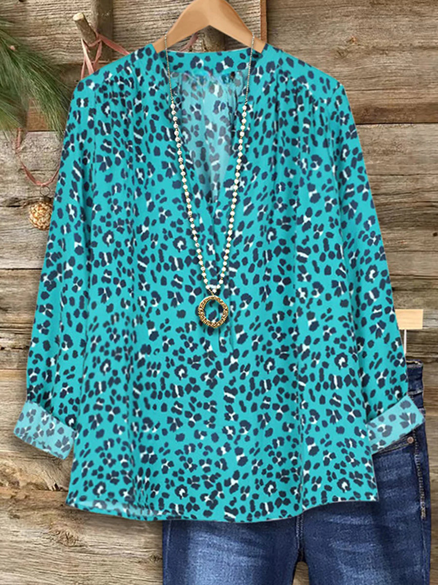 LilyWish Leopard Print V-neck Long Sleeve Blue Top