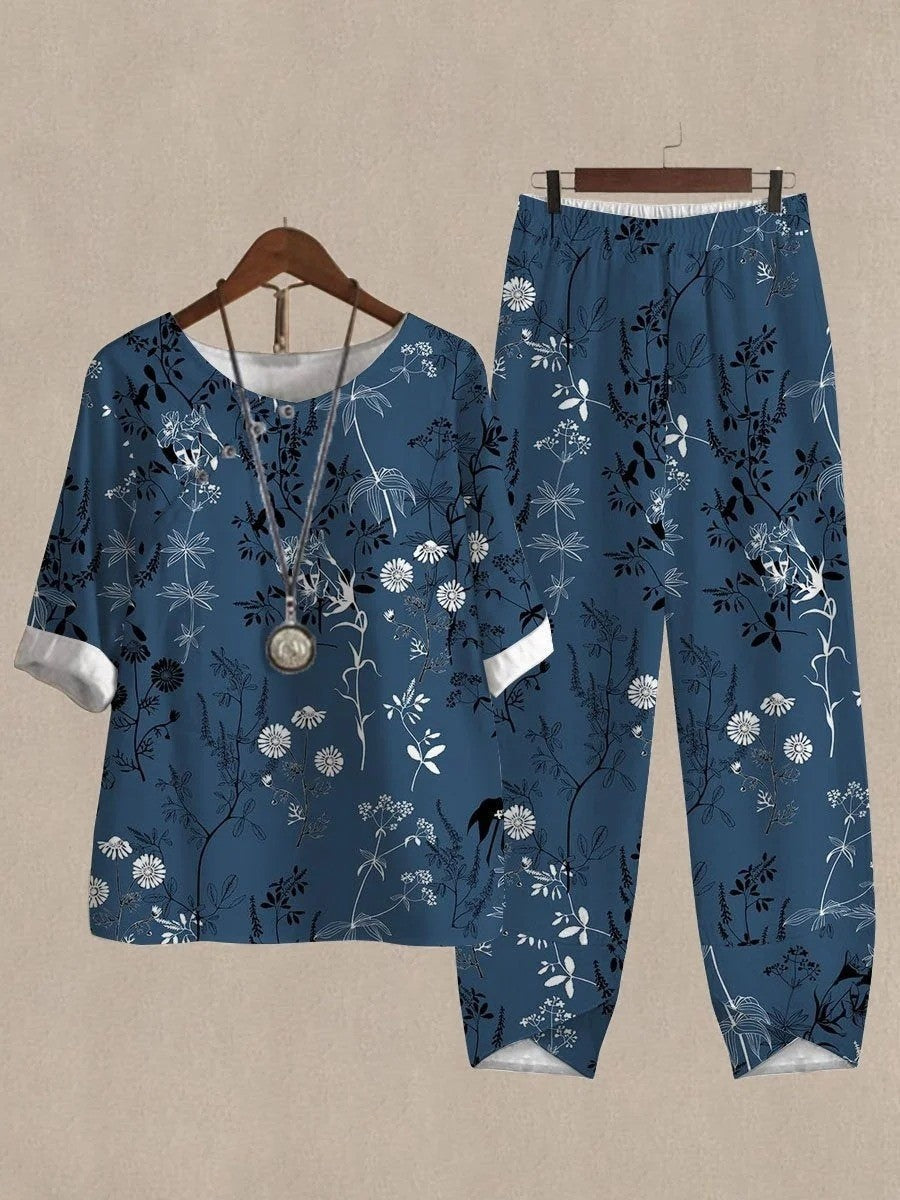 LilyWish Navy Casual Round Neck Floral Printed Half Sleeve Two Piece Suit