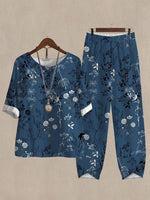 LilyWish Navy Casual Round Neck Floral Printed Half Sleeve Two Piece Suit
