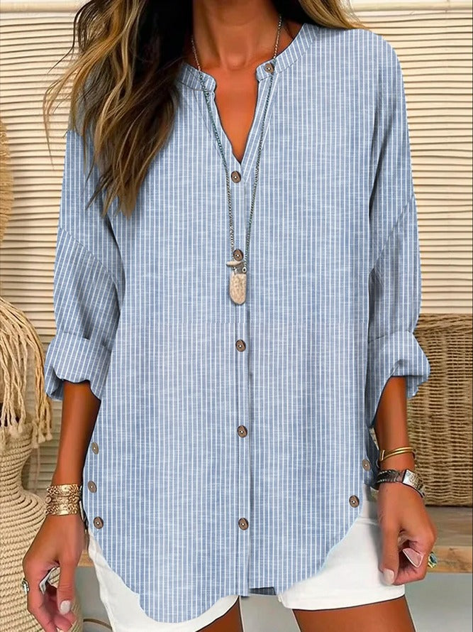 LilyWish Light Blue Casual V Neck Stripe Long Sleeve Blouse