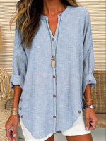 LilyWish Light Blue Casual V Neck Stripe Long Sleeve Blouse