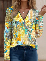 LilyWish Stylish Floral Print Zip V-Neck Long Sleeve Top