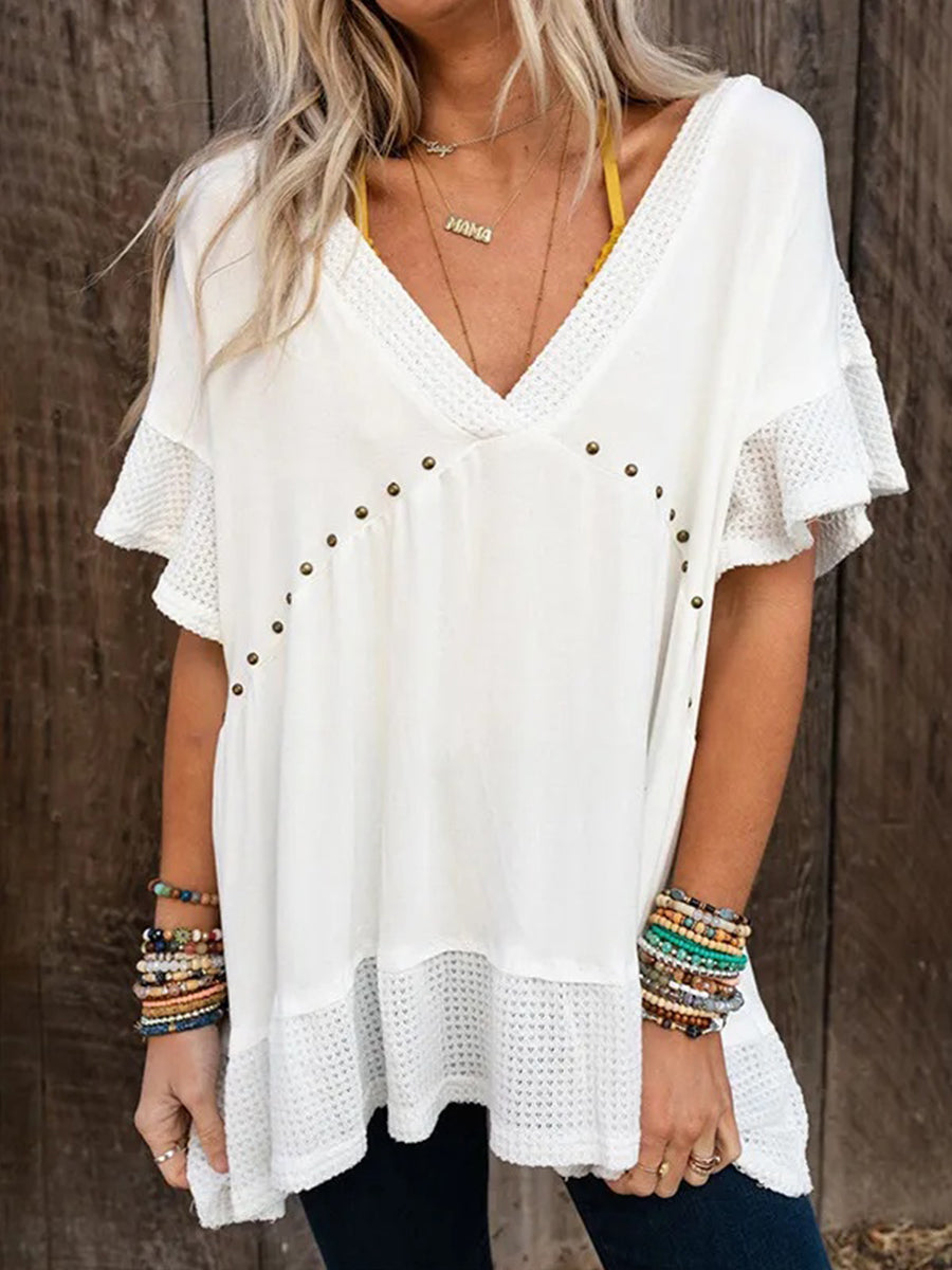 Batwing Sleeves High-Low Buttoned Split-Joint V-Neck T-Shirt Top