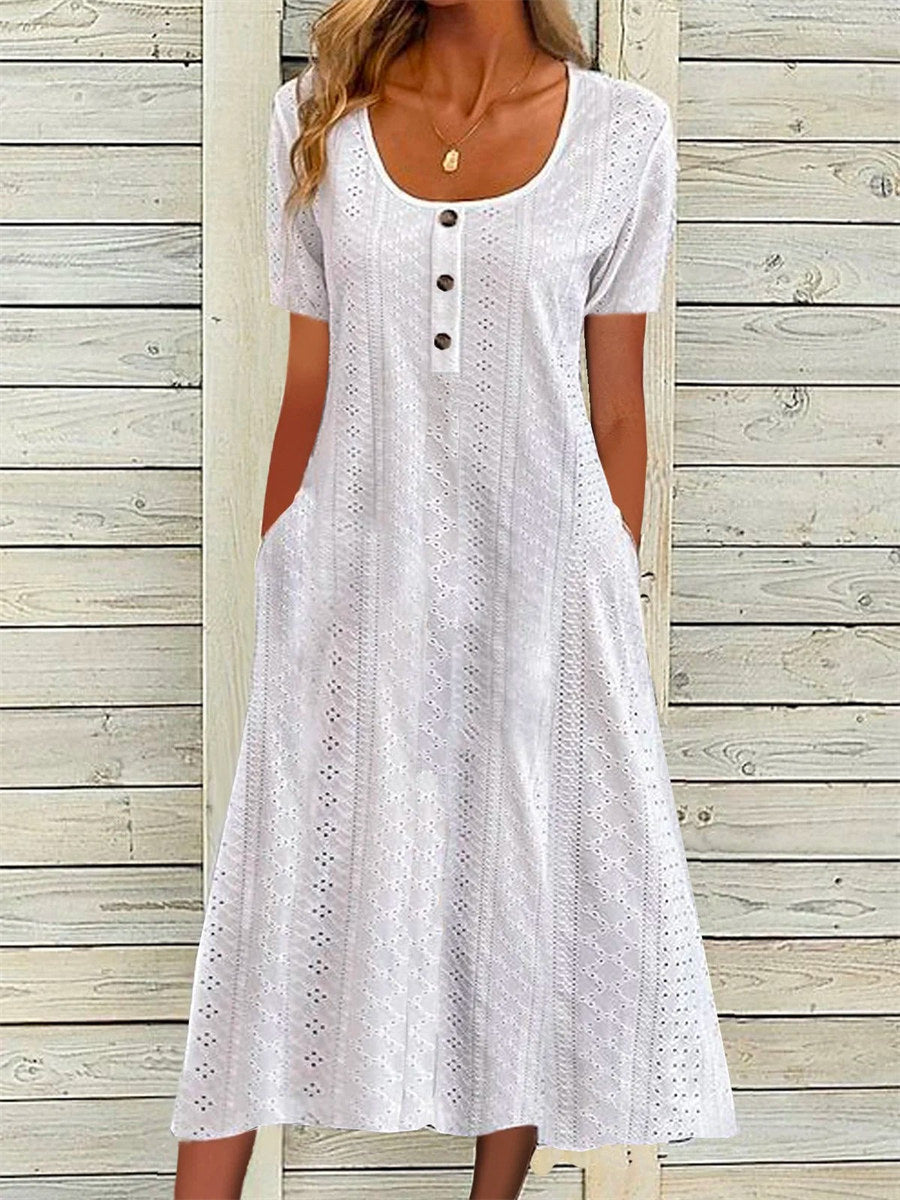 Plain Crew Neck Short Sleeve Casual White Dress