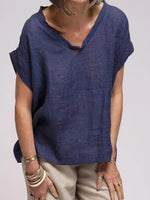 Solid Linen V-neck Short Sleeve Blouse
