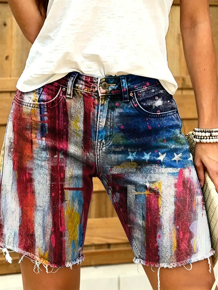 Women's Independence Day Artistic American Flag Print Denim Shorts