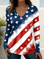 Women's Independence Day American Flag Print V-Neck Long Sleeve T-Shirt