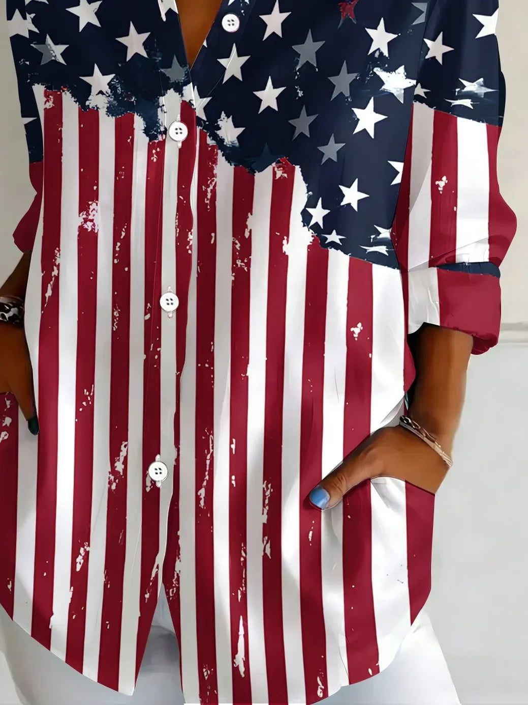 Vintage American Flag Print Long Sleeve Button-Up Shirt