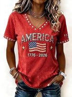 Women's Independence Day American Flag 3D Printing V Neck Short Sleeves Casual T-shirt