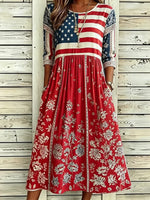Women American Flag Floral Print Summer Dress Crew Neck Half Sleeve A-Line Dress