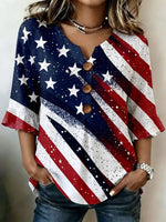 Women V Neck Half Sleeve American Flag Print Casual Blouse