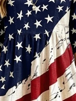 Women American Flag Floral Print Winter Dress Crew Neck Three Quarter Sleeve A-Line Dress