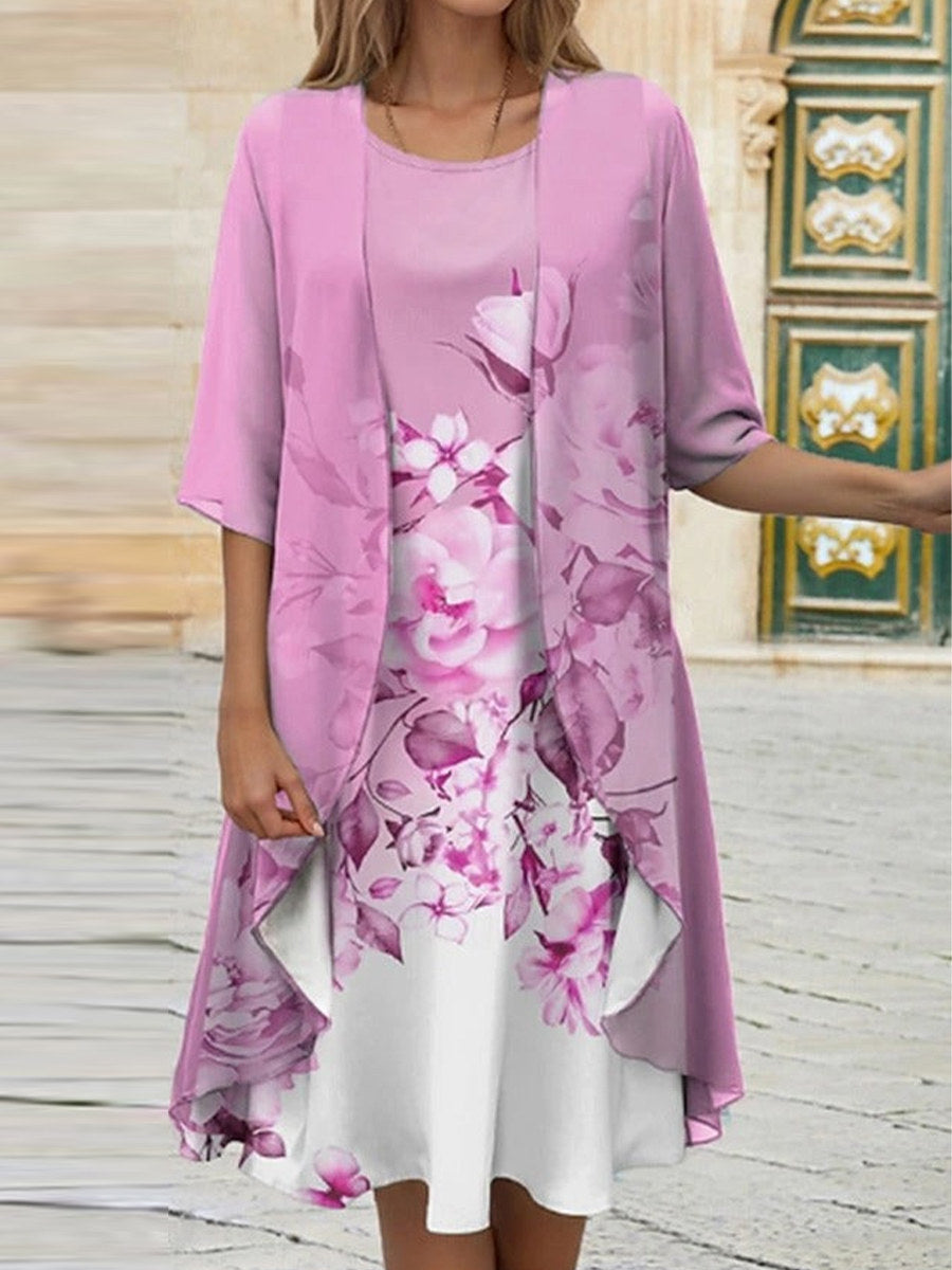 LilyWish Floral Print Crew Neck Half Sleeve Two-Piece Dress
