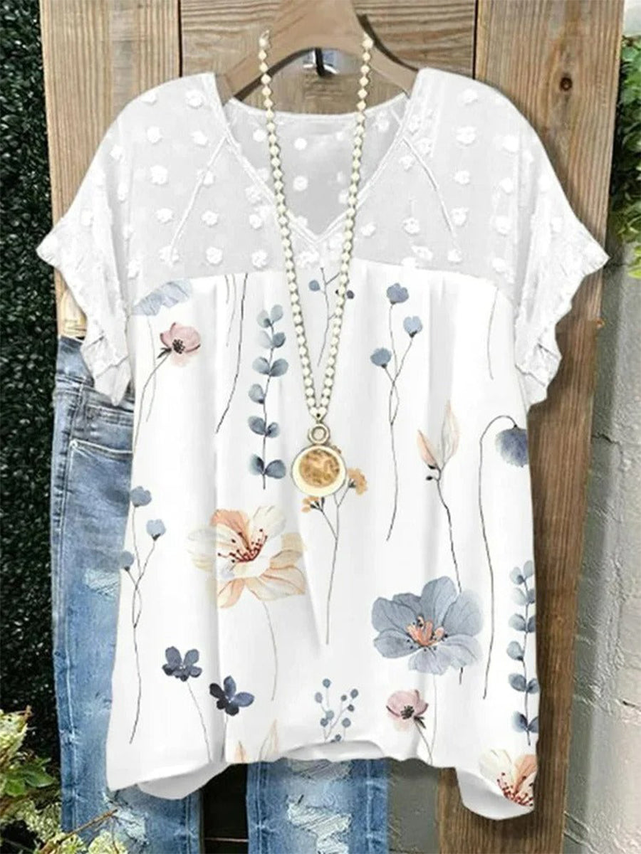 LilyWish White V Neck Chiffon Loose Casual Floral Shirt