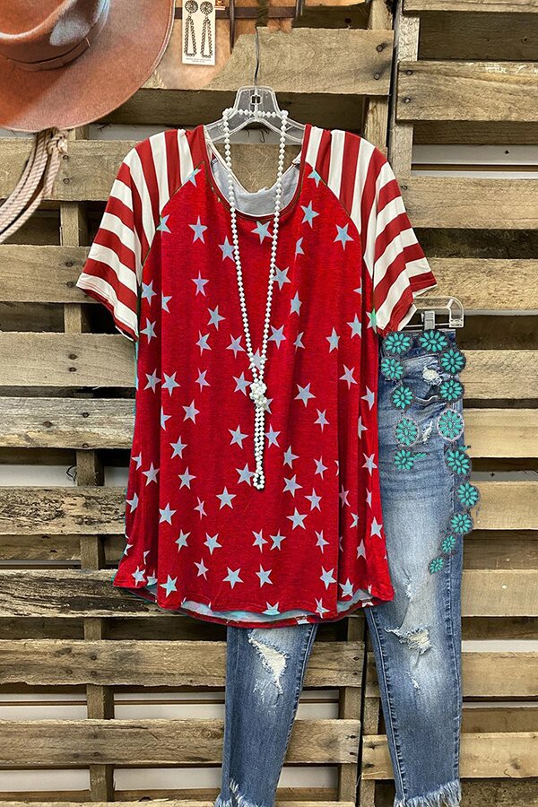 Red Stars Stripes Printed Summer Blouse