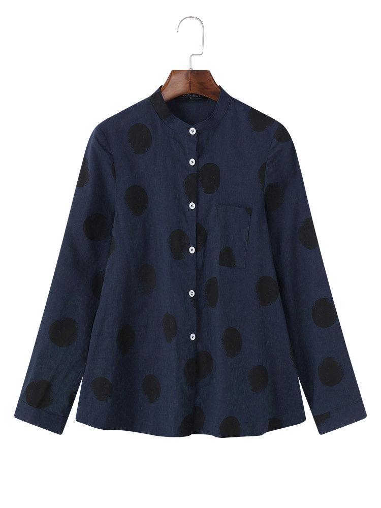 Casual Polka Dot Irregular Long Sleeve Stand Collar Blouse