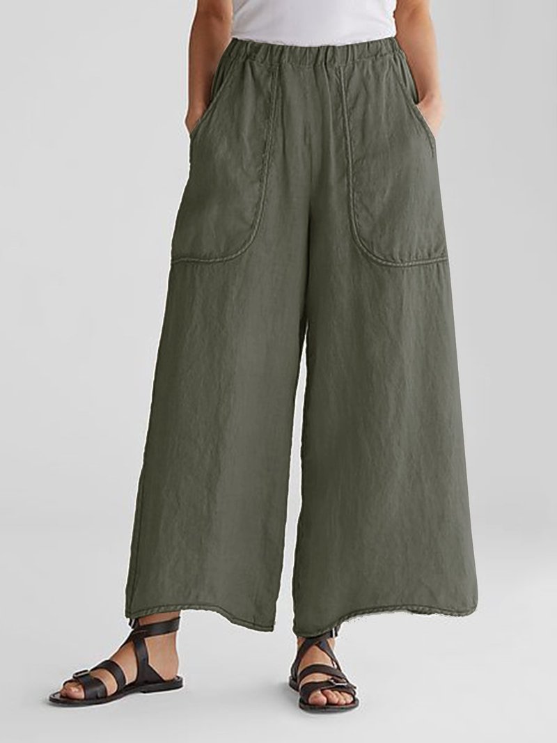 Casual Plain Wed Leg Loose Pockets Pants