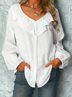 LilyWish Ruffle Long Sleeve White Blouse With Buttons