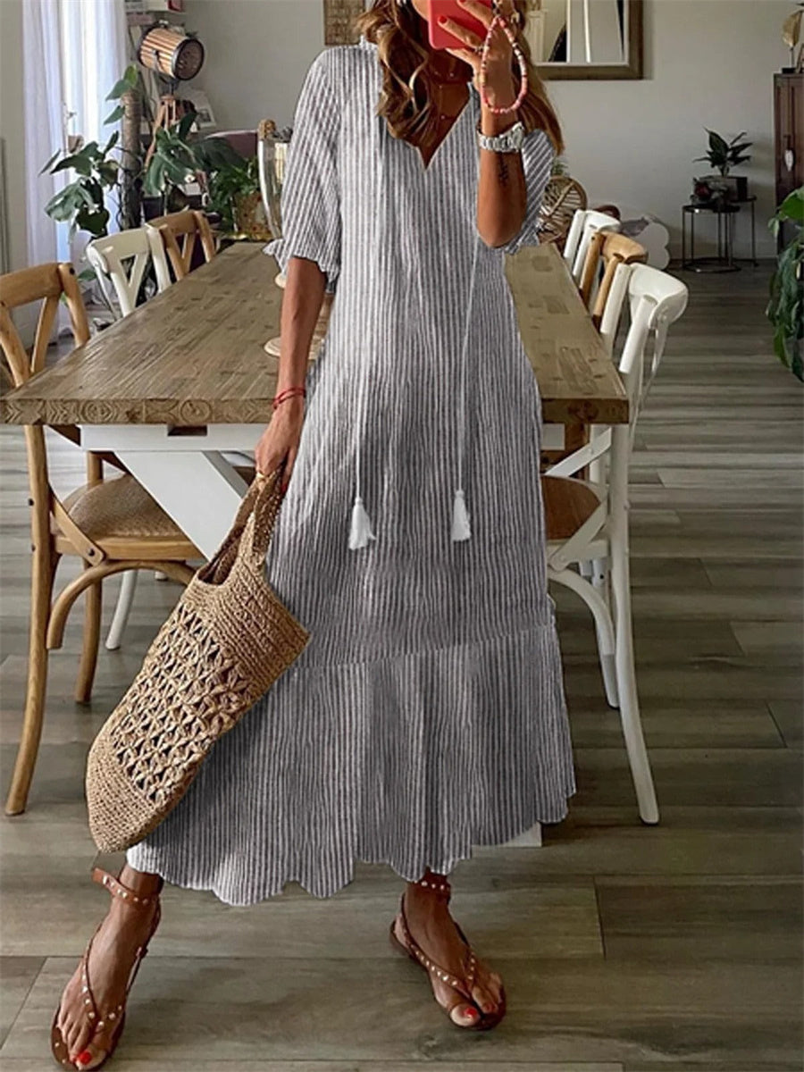 Striped V Neck Half Sleeve Comfy Casual Maxi Dress